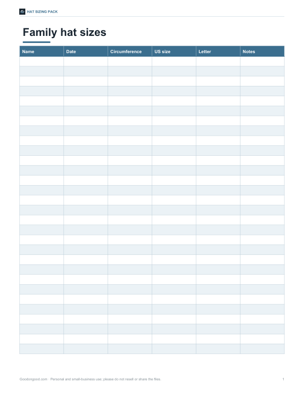 Preview of Printable Family Hat Size Chart