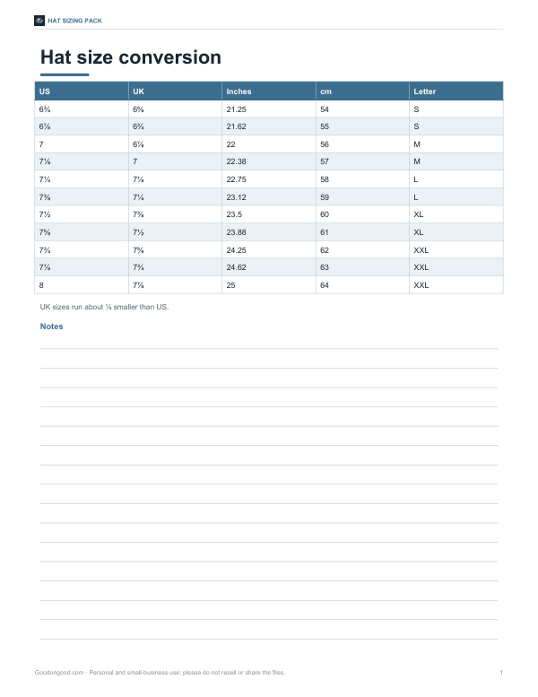 Preview of Printable Men's Hat Size Chart